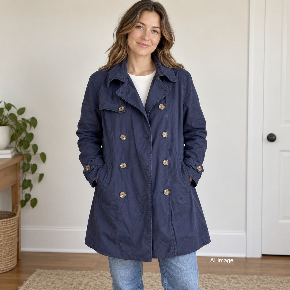 Gap Navy Blue Double Breasted Trench Coat Womens Large Jacket *